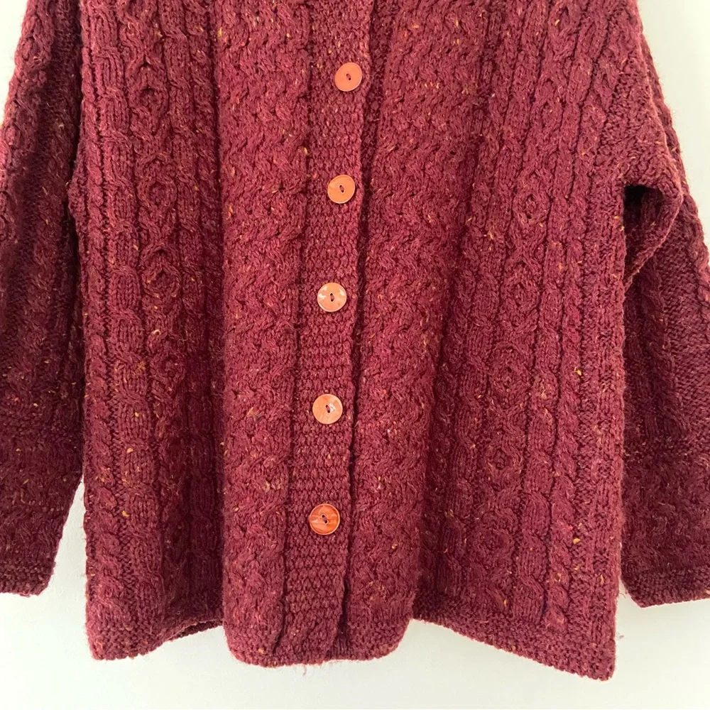 Carraig Donn Cardigan Womens L Red Wool Cable Knit Ireland Chunky Fisherman